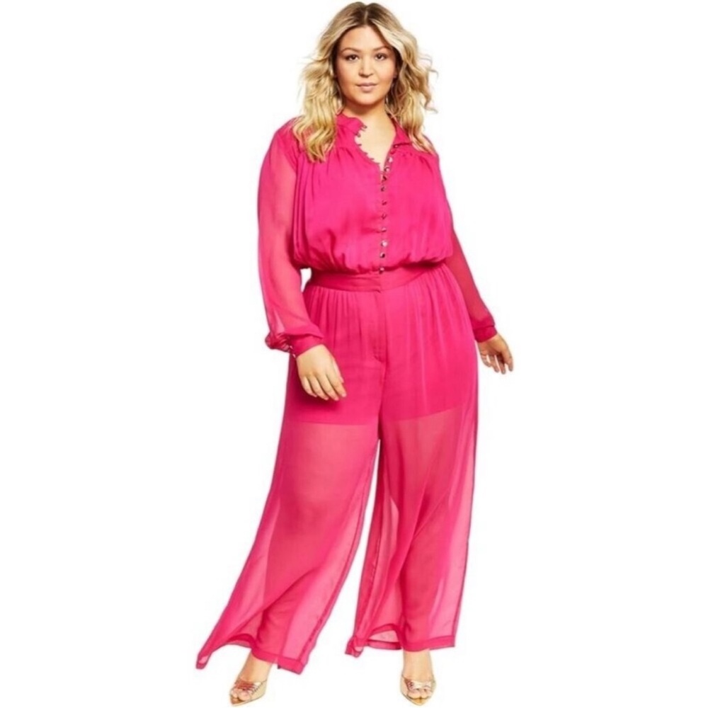 Nina Parker Hot Pink Wide-Leg Jumpsuit with Sheer long Sleeve & Gold Button